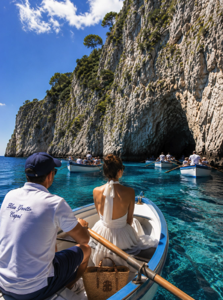 Small boats gathered near the Blue Grotto cave mouth off Capri